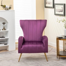 Container Furniture Direct Armchair Modern Velvet Accent Chair, Channel Tufted Bedroom, Office or Living Room Furniture with Elegant Metal Legs, Purple
