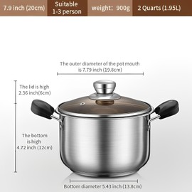 Stainless Steel Cooking Pot with Lid | 2 Quart (Dual Handle) | Perfect for Soup, Noodles, Baby Food | Induction & Gas Stove Compatible