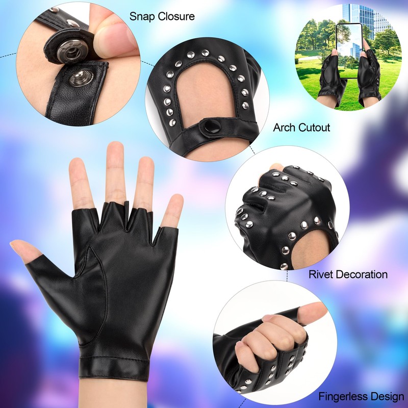 Newellsail 2 Pairs Punk Gloves Fingerless Women PU Leather Half