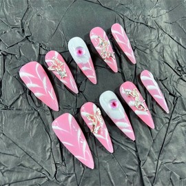 Press on Nails Handmade Nails 10Pcs Dark Gothic Style Manual Handpainted Press on Nails Pink Eyes Fake Nails for Women Party Holiday Photo Size S