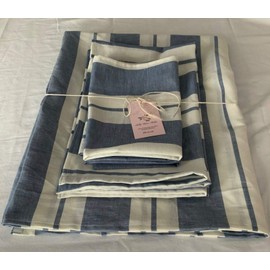 NEW COTTON LINEN BLEND HANDMADE BATH TOWELS SET of 6 SIX COTTAGE STRIPE FRENCH SKY BLUE