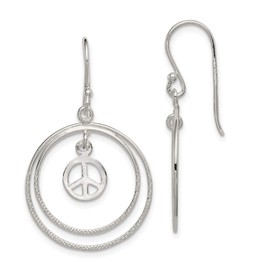 Solid 925 Sterling Silver Double Eternity Circles w/Small Peace Sign Symbol Dangle Earrings (35mm x 21mm)