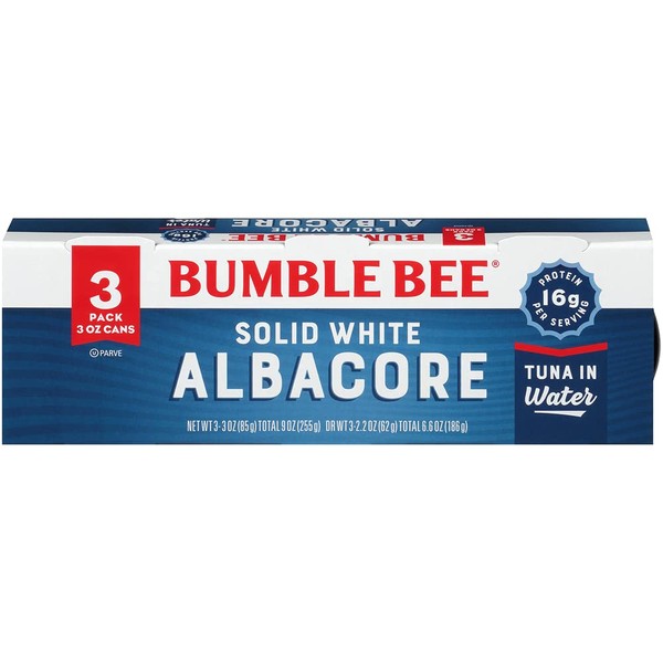 Bumble Bee Solid White Albacore Tuna in Water, 3 oz Cans (8 packs of 3, 24 total) - Wild Caught Tuna - 16g Protein per Serving - Non-GMO Project Verified, Gluten Free, Kosher - Great for Tuna Salad