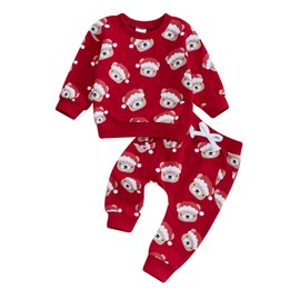 Himllauen 2 Pcs Toddler Christmas Outfits Autumn Letter/Gift Box/Tree Print Crew Neck Long Sleeve Sweatshirts + Long Pants Fall Winter Clothes Set for Infant Baby boys Girls (Red B, 12-18 Months)