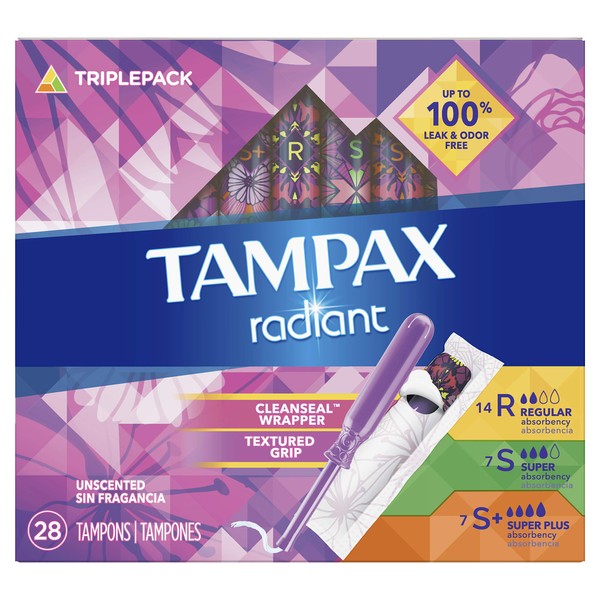 Tampax Radiant Tampons Trio Pack Regular/Super/Super Plus Absorbency, Unscented, 28 Count