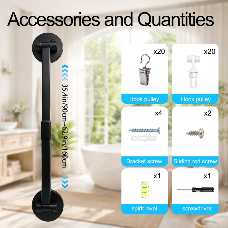 AuraCyzirine Black Adjustable Shower Curtain Rod 35-62 Inch,180° Rotatable Ends,