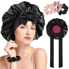 GlasFlength Satin Hair Cap, Sleep Cap, Silk, Mulberry Silk Sleep Cap, Satin Bonnet, Adjustable Silk Hood for Sleeping, Breathable, Wide Band, Double Layered for Women and Girls (Black)