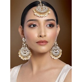 Aheli Faux Kundan Pearl Wedding Chandbali Earrings with Maang Tikka Indian Traditional Bollywood Jewelry Set Gift for Women White