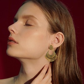 Boho Bell Tassel Dangle Drop Earrings for Women Rhinestone Crescent Moon Statement Drop Dangling Earring Bohemian Indian Teardrop Studs for Jhumka Jhumki Traditional Wedding Holiday Jewelry Gifts,