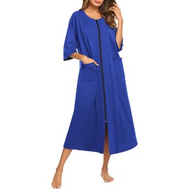 Ekouaer Women's Zipper Robe 3/4 Sleeve Housecoats Full Length House Dress Loungewear Long Nightgown with Pockets Blue Sapphire,3X-Large