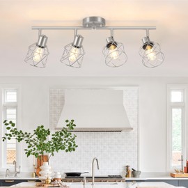 Baocuz 4-Light Kitchen Lighting Fixtures, Adjustable Multi-Directional Brushed Nickel Track Ceiling Light, Semi Flush Mount Ceiling Spotlight with Wire Cages for Living Room, Bedroom, Hallway