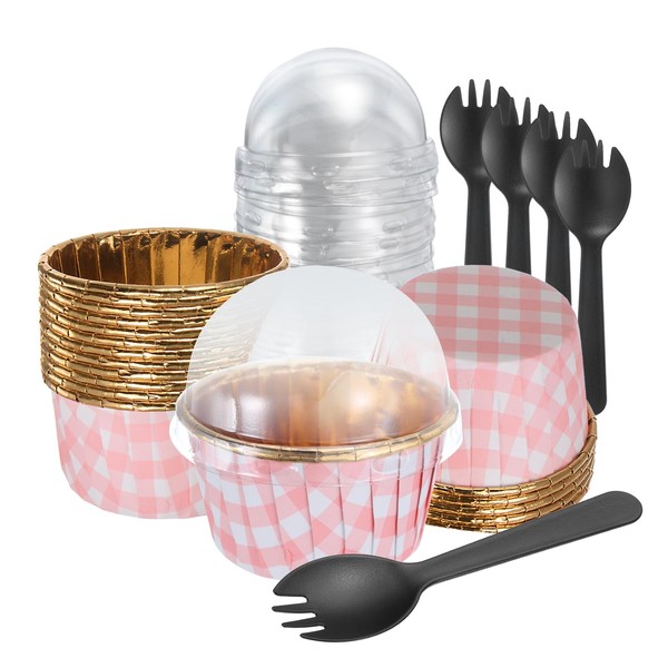 uxcell Gold Pink Plaid Cupcake Liners and Domed Lids 50