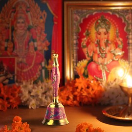 Brass Color Ghanti Traditional Indian Pooja Ghanti Colorful Bell Accessory Item Article for Home Mandir Temple Festival Pooja Purpose Religious Occasions and Gifting (Ghanti Design-2)