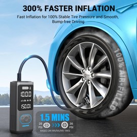 AVAPOW AP18 Tire Inflator Portable Air Compressor, 300% Faster 150 PSI Cordless Air Pump with Tire Pressure Gauge, 3.7″ Dual LCD Screen, Auto-Shuts Off Tire Pump for Car, Motorcycle, Bicycle, Blue