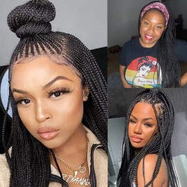 xiweiya 28 Inch Lace Front Knotless Box Braided Wigs Brack Hand Braided Box Braided Wigs with Baby Hair Cornrow Braids Lace Frontal Twist Braids Hair Wig for Black Women