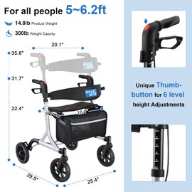 WALK MATE Rollator Walker for Seniors with Cup Holder, Upgraded Thumb Press Button for Height Adjustment, 4 x 8 Wheels Walker with Seat Padded Backrest Folding Lightweight Walking Aid, Silver