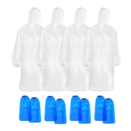 Pack of 4 Rain Ponchos, Transparent, Rain Cape with Hood, Unisex Rain Cover for Concerts, Hiking, Cycling, Camping, Outdoor, Disposable Poncho Against Rain, Comes with 4 Pairs of Overshoes