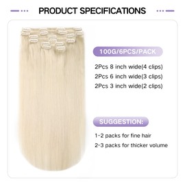 Sindra Clip-In Real Hair Extensions, 14 Inches/35 cm, 6 Pieces, 100 g, Platinum Blonde, Real Clip-In Extensions, Silky Natural Real Hair Extensions, #60, 14 Inches