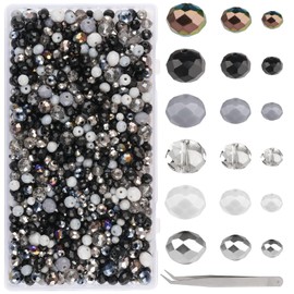 WINKIO Beads for Threading, 1000 Pieces Black Faceted Glass Beads with Tweezers, 4 mm/6 mm/10 mm Crystal Beads for DIY Jewellery Making