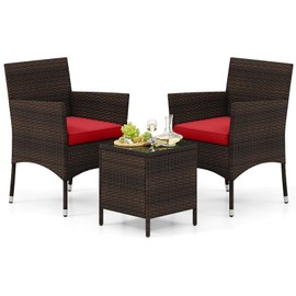 Tangkula 3 Pieces Patio Rattan Furniture Set, Outdoor Conversation Set with PE Wicker Armchairs, Tempered Glass Top Coffee Table, Soft Removable Cushions, for Porch Garden Yard Balcony (Red)