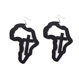 Women's Afrocentric Africa Map Text Wood Dangle Earrings Wooden Geometric Pendant Pierced Jewelry-black cross