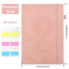 A5 Lined Journal Notebook, Hardcover Leather Journals for Women Men Gifts Office School with 60 Label Stickers, 200 Pages 100gsm Thick Paper, 21.5 X 14.5 cm - Pink