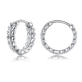 Silver Hoop Earrings for Women Girls, Hypoallergenic 925 Sterling Silver Olive Leaf Tiny Small Huggie Hoops Helix Cartilage Piercings Earring for Birthday Gifts, White Gold/8mm