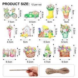 APOMOONS Wooden Decoration Spring Pack of 12 Spring Decoration Hanging Decoration Wooden Pendant Spring Flowers Gnomes Tulips for Branches, Doors, Windows, Ceilings, Gardens, Yards