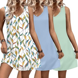 Ekouaer 3 Pack Nightgowns of Women Tank Sleep Shirts Sleeveless Nightshirt Beach Dress Leaf+Light Green+Light Blue S