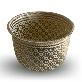 ALCOBA AZUL - Cesto de Almacenamiento Decorativo, Ø29cm x 24cm, Tejido a mano en hoja de palma, Diseño Cruces, Color Natural y Verde