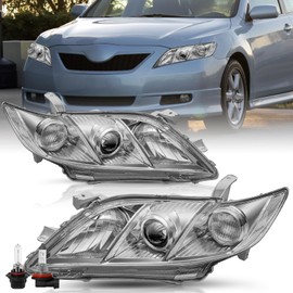 TUSDAR Headlight Assembly Fits For 2007 2008 2009 Toyota Camry Driver and Passenger Side (Chrome Housing with Clear Reflector) w/Bulbs