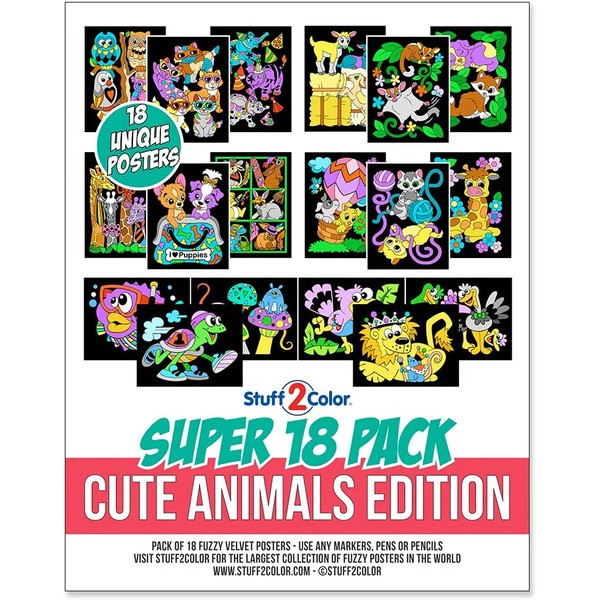 Super Pack of 18 Fuzzy Coloring Posters (Cute Animals Edition) - Arts & Crafts Kit for Kids, Girls, and Boys - Perfect for Toddlers as a Quiet Time Project or Indoor Family Activity.