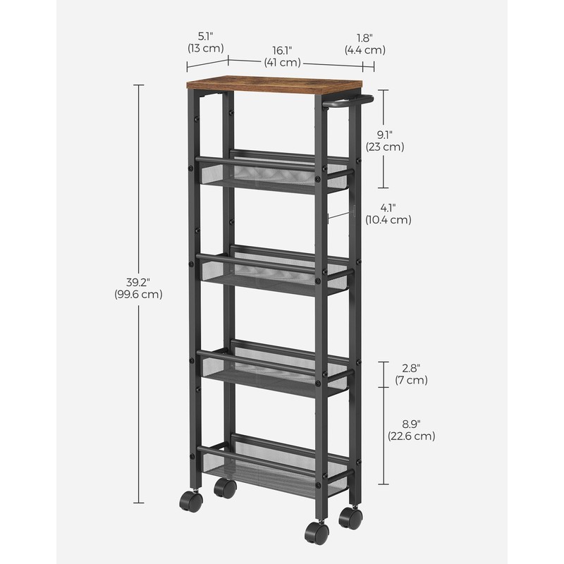VASAGLE Slim Rolling Cart, 5-Tier Storage Cart, Narrow Carts with