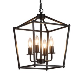 AMZASA UL Listed Black Industrial 4 Light Lantern Chandelier Ceiling Light Fixtures Farmhouse Metal Cage Rustic Geometric Pendant Light for Kitchen Island Entryway Dining Room Stairs and Hallway