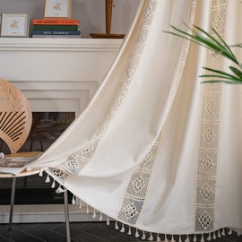 Sutuo Home Boho Curtain Crochet Lace Patchwork Semi-Blackout Bohemian Handmade Tassels, Rod Pocket Window Treatment Vintage Rustic Farmhouse Drapes for Living Bedroom, 1 Panel 59" W x 63" L, Beige