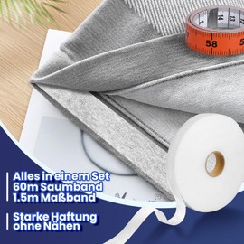 TOG BEG Hem Tape 50 m x 2 cm – Includes 1.5 m Tape Measure – Extra Strong Ironing Tape 60 GSM, Washable Textile Tape for Clothing Repair, Fabric Tape for Curtains and Textiles
