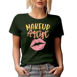 Makeup Artist with Pink Lips, Beauty Themed Merch Gift for Makeup Artist or Lovers, Cosmetologists & Beauticians, Military Green T-Shirt, Medium