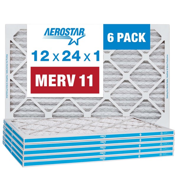 Aerostar 12x24x1 MERV 11 Pleated Air Filter, AC Furnace Air Filter, 6 Pack (Actual Size: 11 3/4" x 23 3/4" x 3/4")