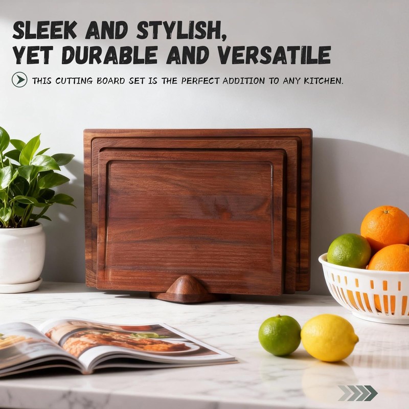 3-Piece 100% Natural Solid Walnut Cutting Boards, Chopping Blocks with