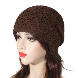 ZLYC Women Cotton Crochet Slouchy Beanie Hat Handmade Knit Cutout Summer Floral Skull Cap, Solid Brown, One Size