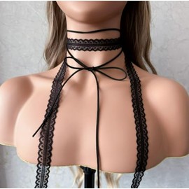 Dot knot cho08 Lace Choker, Lace Knitting Ribbon Choker, Black, Adjustable Length, Gothic Style, Alloy Steel, Simulated Pearl