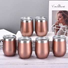 6 Pack 12Oz Stainless Steel Stemless Wine Tumbler Wine Glasses Set with Lid Set of 6 for Coffee Wine for Men Women or Family Party Use (Rose Gold)