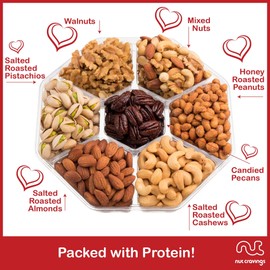 Nuts Gift Basket + Red Ribbon (7 Assortments) Gourmet Bouquets Arrangement Platter, Birthday Care Package, Healthy Food Tray Kosher Snack Box for Adults Men Women