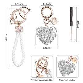 Leery Crystal Heart Keychain for Women Mom Gift Key Chain with Wrist Strap Gold-Plated Alloy Car Keys Backpack Accessories (White)