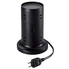 Elecom TT-03-1220BK Power Strip Tower Extension Cord [12 Outlets] with Fixed Parts, Lightning Guard, Dust Shutter, 6.6 ft (2 m), Black