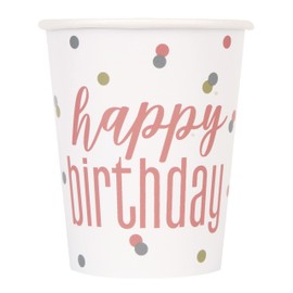 Unique 84896EU - Plastic Free Paper Cups - 266 ml - Glitz Rose Gold Birthday Party - 8 Count (Pack of 1)