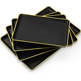 Rtteri Set of 4 Large Serving Platter Set 15/14/13/12 Inch Plastic Serving Trays Unbreakable Rectangular Platter 4 Size Reusable Wood Grain Tray for Party Wedding Hotel Restaurant Home(Black and Gold)