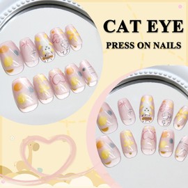 Pack of 30 Cat Eye Artificial Nails Short, Glitter Press On Nails with Dots, Bears, Flower Design, Square Nails for Sticking Short, Glossy Cute Artificial Fingernails for Women (Cute Bear)