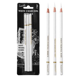 Sketching Highlight Pen, White Charcoal Pencil, White Pencil Set, Non-Toxic Drawing Pencils Tools for Fine Art Supplies, Soft/Medium/Hard, Pack of 3
