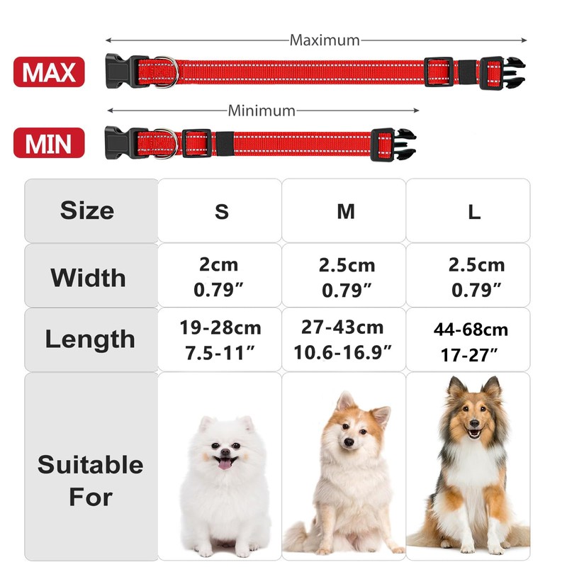 Reflective Nylon Dog Collar with Safety Buckle, Adjustable Pet Collars